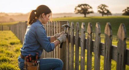 Woman repairing wooden fence during sunset in countryside  