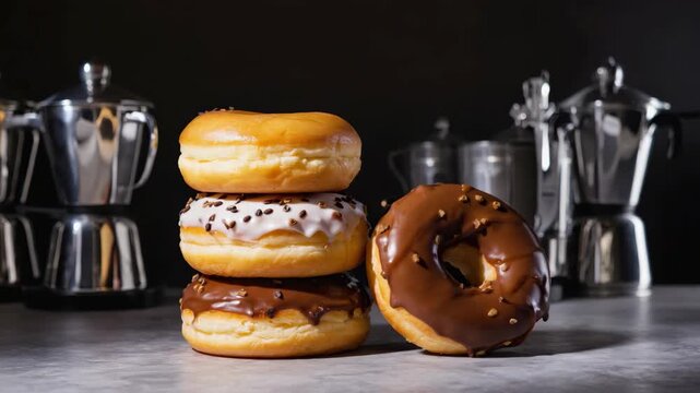 Three donuts stacked on top of each other with one of them being chocolate. A coffee pot is behind the donuts