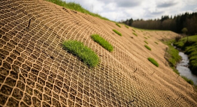 Grass growing on erosion control mesh by riverbank in spring  
