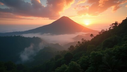 Tropical volcanic mountain at sunrise with mist and lush greenery