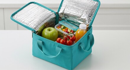 Insulated lunch bag filled with fruits and healthy snacks  