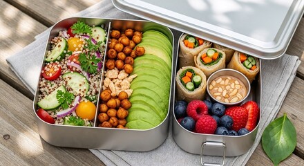 Healthy vegan lunchbox with colorful fruits and vegetables arranged neatly  
