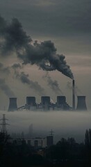 Industrial power plant emitting smoke on foggy morning  