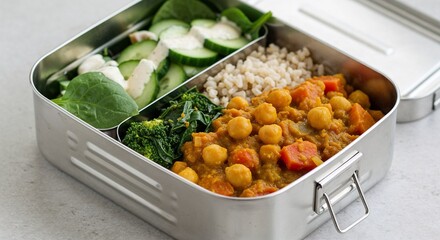 Healthy meal prep lunchbox with chickpeas, spinach, and rice  