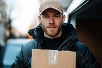 Photo of a man holding a cardboard box in front of a car. Concept of delivery service, shipping, or e-commerce logistics.