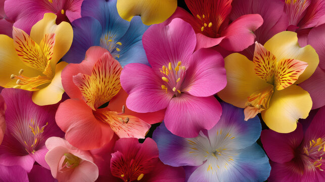 A vibrant close up view showcases a collection of colorful alstroemeria flowers in full bloom, creating a beautiful and textured floral arrangement, perfect for sp. - Powered by Adobe