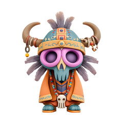 Happy halloween, 3D render A colorful isolated on transparency PNG background, cartoonish character with a tribal theme, featuring a large horned headdress, vibrant patterns, and a playful expression