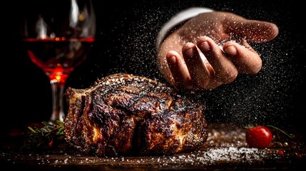 A culinary delight: Seasoning a succulent steak with red wine accompaniment for gourmet dining