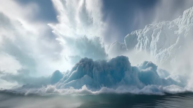 A massive glacier breaks apart and crashes into the clear Arctic ocean, creating waves and showcasing the dramatic effects of global warming and climate change in polar environments.