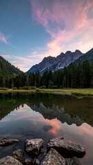 Serene alpine lake at sunset, with a mirror-like reflection of the sky and mountains