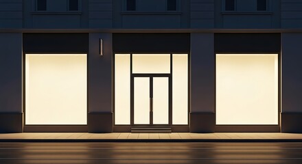 Nighttime storefront with illuminated display windows.