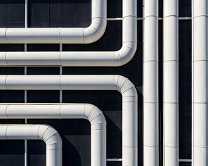 Abstract pattern of white industrial pipes against a dark textured wall with sunlight and shadows Keywords: industrial, pipes, plumbing, architecture, abstract, pattern, white, clean, modern