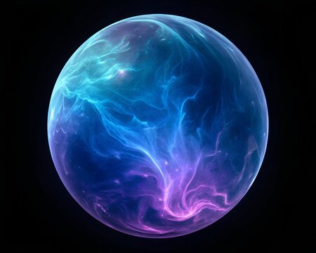 Abstract glowing sphere with blue and purple cosmic nebula patterns inside on black planet globe