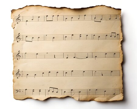 Aged sheet music with burnt edges and musical notation on a white background aged paper treble clef