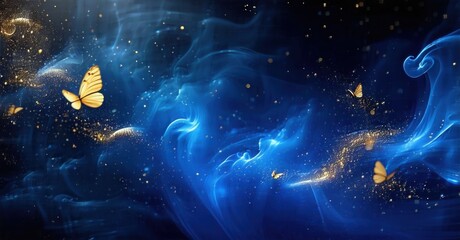 Naklejka premium Abstract blue swirls, golden butterflies, sparkling dust create dreamy celestial scene. Vivid colors, flowing shapes suggest magic.