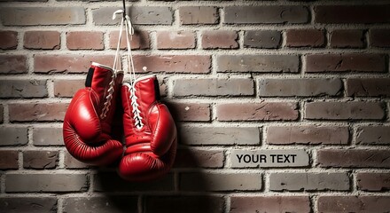 Red boxing gloves hanging on a rustic brick wall symbolizing strength and combat sports.