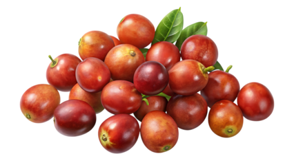 An abundant pile of bright red coffee cherries, some with stems and leaves, presented isolated on a transparent background, representing the initial stage of coffee bean production