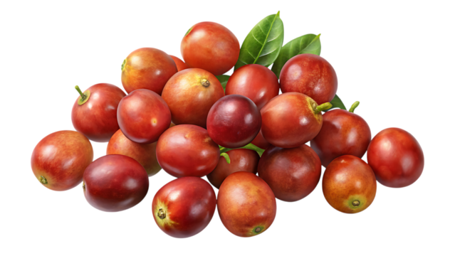 An abundant pile of bright red coffee cherries, some with stems and leaves, presented isolated on a transparent background, representing the initial stage of coffee bean production