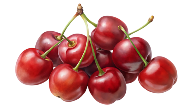 A cluster of ripe, juicy red cherries with green stems, isolated on a transparent background, showcasing their vibrant color and fresh appearance, perfect for food and beverage related designs