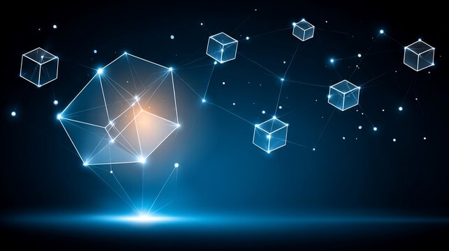 Abstract digital network with glowing cubes and connecting lines on dark blue background conveys