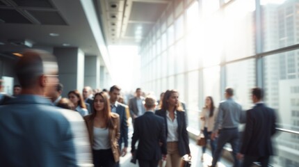 motion blur image of business people crowd walking at corporate office in city downtown