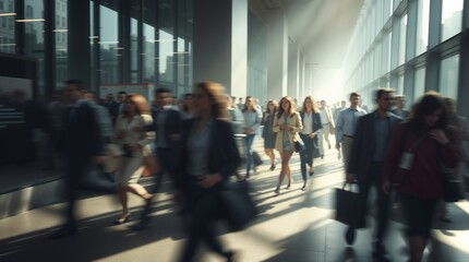 motion blur image of business people crowd walking at corporate office in city downtown