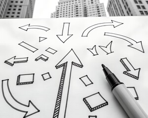 Hand-drawn arrows and shapes on paper with a marker and city buildings in the background direction choice