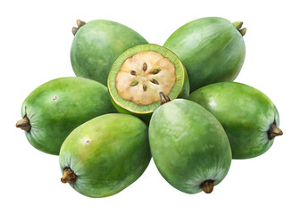 A group of fresh feijoas, also known as pineapple guavas or uruguayan guavas, isolated on a transparent background, with one fruit cut in half to reveal its juicy, seeded interior