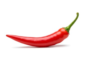 Single fresh red chili pepper with green stem isolated on white background, perfect for food photography and culinary designs