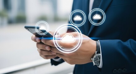 Modern businessman seamlessly integrates with cloud technology via smartphone for dynamic business solutions and unparalleled digital connectivity today