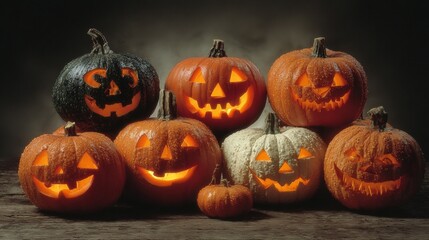 Fototapeta premium Sinister carvings: a group of wickedly lit jack o lanterns. Cinematic poster. Mystical assembly: a group of sinister pumpkins with glowing orbs. Promotional poster. Poster design.