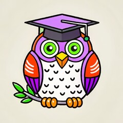 Wise owl in graduation cap on branch, colorful cartoon icon