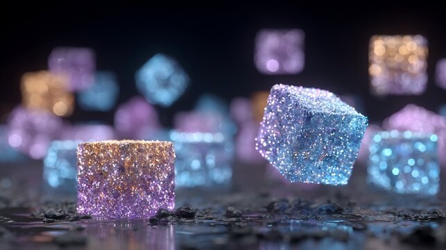 Abstract glittering cubes floating in ethereal space evoking technology and digital art