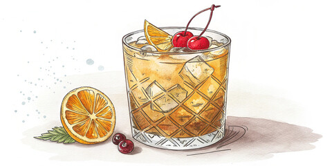 Watercolor whisky sour illustration. Alcohol long drink clipart. Glass of cocktail. Club shake beverage hand drawn illustration. Stock print.