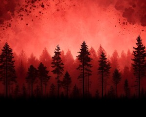 Naklejka premium Silhouette of Pine Forest Against a Fiery Red Sky with Blood Splatter Texture pine trees