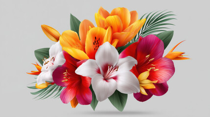 Fototapeta premium A vibrant and colorful bouquet arrangement featu lilies, alstroemeria, and tropical greenery creates a beautiful floral display on a soft gray background.