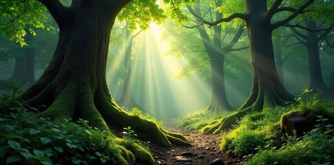 Sun-dappled Ancient Forest Tranquil Mossy Undergrowth and Towering Trees