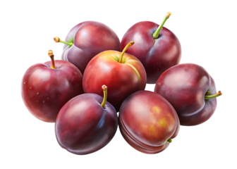 A group of ripe, deep red plums with a hint of yellow and green, isolated on a transparent background, showcasing their smooth skin and plump shape
