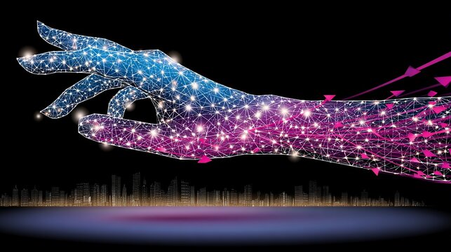 Abstract hand design with polygonal network against a cityscape for technology innovation