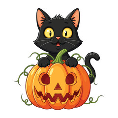 Cute black cat with a spooky jack o lantern pumpkin for halloween