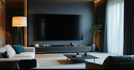 Fototapeta premium Large frameless dark screen off apartment lounge with floor lamp and curtains