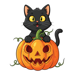 Cute black cat with a spooky jack o lantern pumpkin for halloween