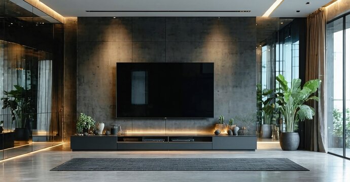 Large frameless black tv off fitness zone with neutral tones and mirrors