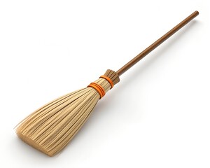 Traditional Wooden Broom with Natural Bristles and Orange Twine Binding on a White Background witch cleaning