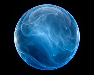 Translucent Blue Sphere with Swirling Smoke-like Wisps and Light Reflections on Black Background ball