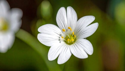Close-up of a delicate white flower.  Soft focus on a single blossom, with a shallow depth of field.  Pale yellow stamens are visible in the center.  Blurred green foliage and out-of-focus background