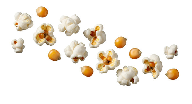 Popcorn kernels bursting and flying mid-air on clean white background, cinematic lighting, minimalist design.