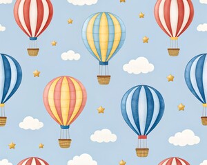 Whimsical Hot Air Balloon Pattern with Clouds and Stars on a Light Blue Sky Background image photo