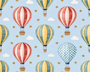 Wandcirkels Luchtballon Whimsical Hot Air Balloon Pattern with Clouds and Stars on Blue Sky Background seamless illustration  © sporsho