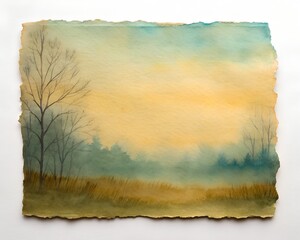 Watercolor painting of a misty landscape with bare trees and tall grass artwork illustration